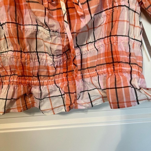 ABOUND Coral Plaid Puff Sleeve Crop Top Cottagecore Ruched Front Blouse‎ Size S - Picture 6 of 9